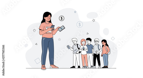 Young Woman Manages Finances for Group of Students with Mobile App and Cash