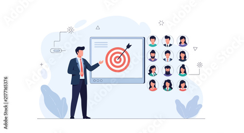 Businessman presenting target audience and marketing strategy with bullseye and diverse customer avatars