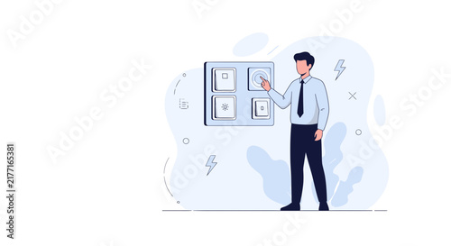 Businessman pressing button on control panel, concept of choice, decision, technology, automation, innovation, smart home.