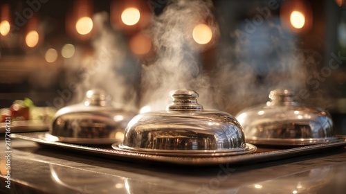 tray. Elegant silver tray with covered dishes floating in a warm, softly lit restaurant setting. menu design, packaging mockups, designed for culinary blogs and recipe cards for restaurants.