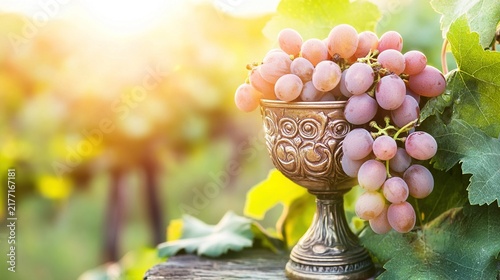 entwined. A classical goblet next to ripe dewy grapes with ivy leaves entwined in warm golden hour light. bar promotions, beverage menus, designed for product packaging and bar promotions.