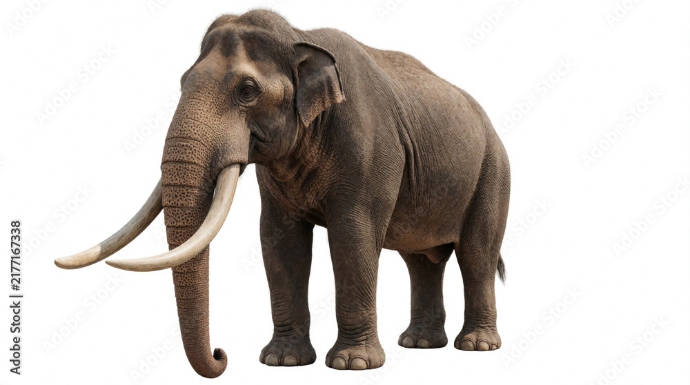 Fototapeta premium Large elephant with long tusks stands on plain white background. Animal shows its full body and is isolated for easy compositing and design elements.