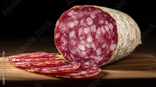 prosciutto. Thick slice of Italian salami showing marbled texture on a cutting board. menu design, packaging mockups, designed for food delivery and cloud-kitchen brand materials.