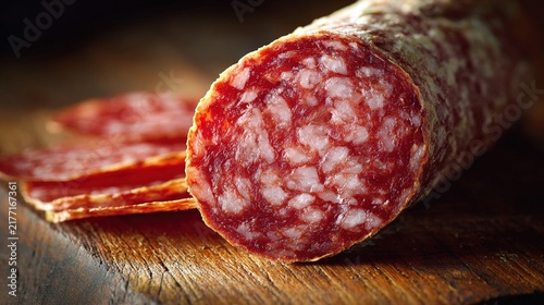 prosciutto. Thick slice of Italian salami showing marbled texture on a cutting board. menu design, packaging mockups, designed for food delivery and cloud-kitchen brand materials.