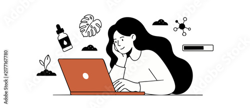 Woman working on laptop illustration using skincare research tools for organic beauty ecommerce website design minimal line art vector graphic for remote work natural cosmetics blogging banner