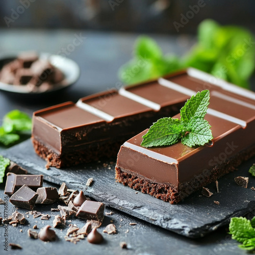 Decadent chocolate bars with a glossy top and fresh mint leaves, surrounded by chocolate chunks on a dark slate
