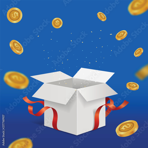 Open white gift box with floating gold dollar coins and sparkles on a blue background