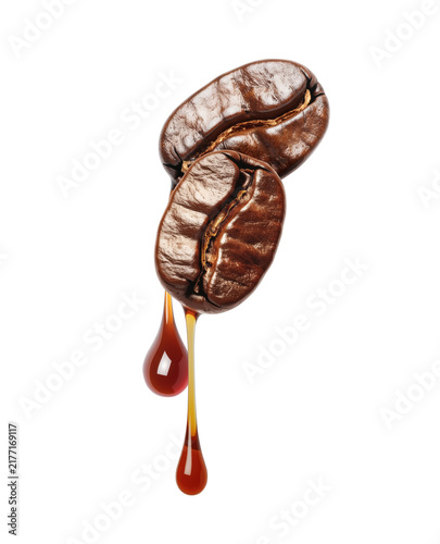 Drops of coffee dripping from coffee seeds close-up on white background. Generative AI
