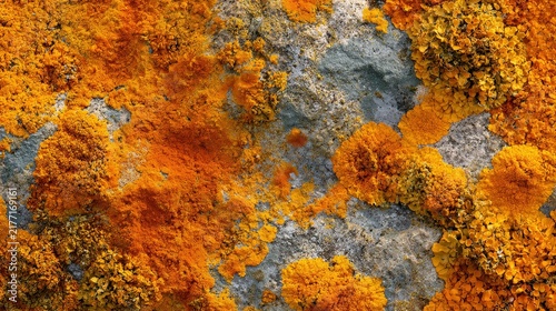 Vibrant orange and yellow lichen grows on a textured grey rock surface, creating a natural abstract pattern. Ideal for nature, texture, or abstract backgrounds.
