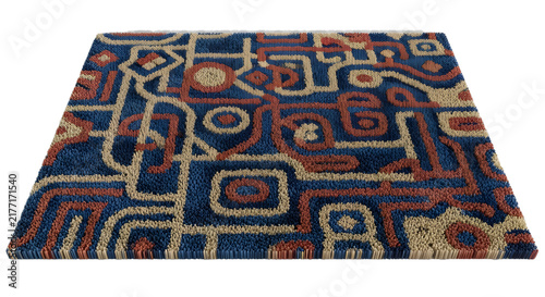 A vibrant blue, red, and beige patterned rug on a black background