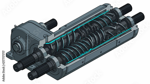 Detailed Cross Sectional View of a Twin Screw Extruder Assembly for Industrial Manufacturing and Plastic Processing Machinery Components