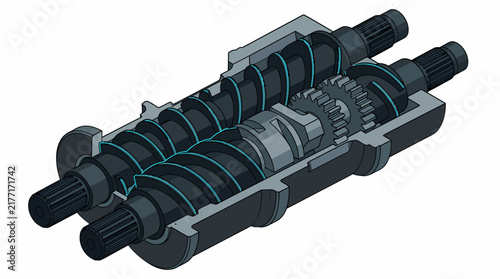 Isometric cross section view of a twin screw industrial extruder assembly highlighting internal gear mechanisms and dual rotating shafts