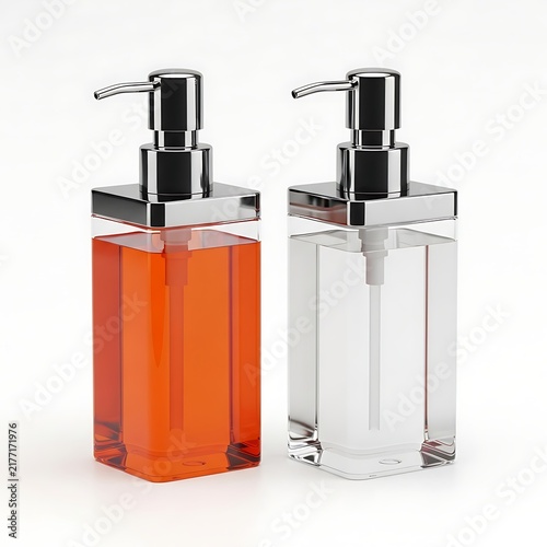 Two soap dispensers with pump and different colored liquids