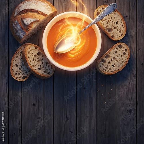 Warm soup with bread and whisk on wooden table