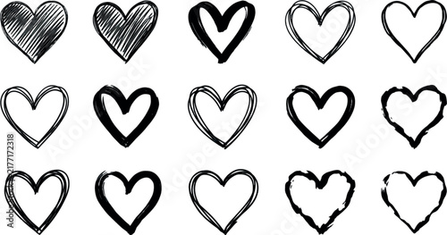 Hand Drawn Heart Silhouettes in Varied Sketch Styles on White Background Vector