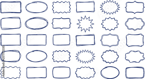 Hand drawn organic shapes and borders in a navy blue silhouette on a white background for design