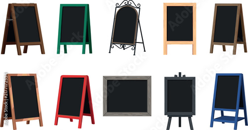 Vector collection of wooden sandwich board chalkboards and sidewalk A-frame signs isolated on white background for restaurant menu advertisement and announcement