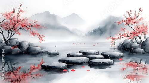 Japanese Ink Wash Painting Landscape Stepping Stones on Water Cherry Blossom Trees Mountains Art