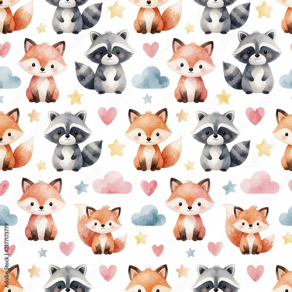 Fototapeta premium Seamless watercolor pattern with cute raccoon, fox woodland animals. Adorable forest characters repeat on white background. Soft pastel drawing for baby nursery decor, kids textile fabric, wrapping