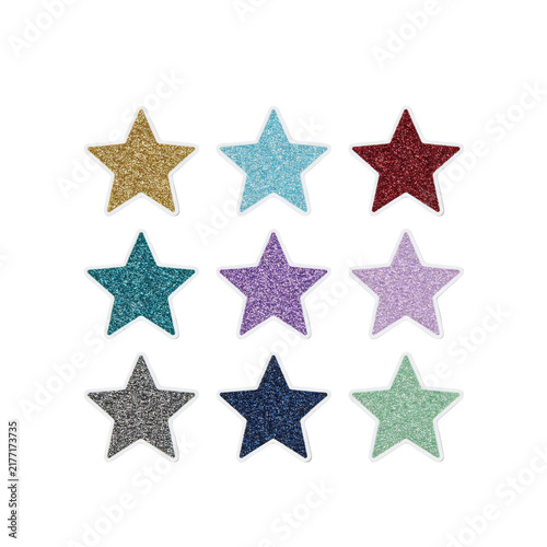 Set of nine colorful glittering star shapes with white borders arranged in a grid isolated on a transparent background