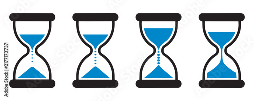 Collection of four hourglass symbols with varying levels of blue sand. Minimalist black frames representing countdown. Concept of deadline and duration measurement for productivity.