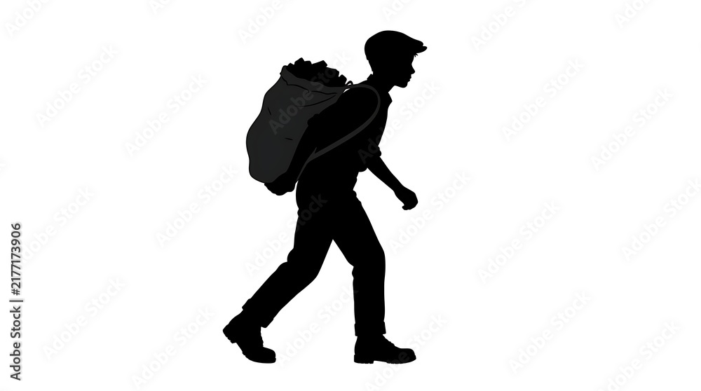 Fototapeta premium Silhouette of a young student walking with a heavy backpack isolated on white background