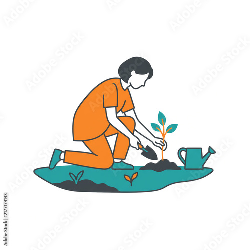 Young Woman Planting a Tree Sapling with Gardening Shovel and Watering Can, Flat Vector Illustration Isolated on White Background