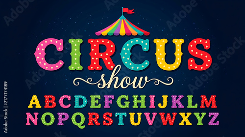 Vintage Circus Show Alphabet Typeface with Marquee Light Bulb Letters on Dark Background