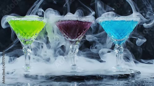 Cocktail glasses filled with colorful green, purple, and blue liquids release thick white smoke on a table.