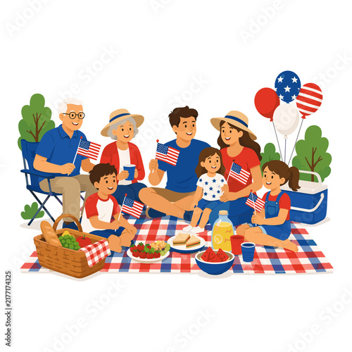 Multi Generation Family Enjoying Fourth of July Picnic Together Outdoo