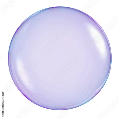 Single iridescent soap bubble with soft purple and blue hues reflecting light on a clear sphere surface isolated on a transparent background