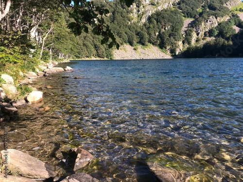 Konstfotografi Clear transparent water ripples along a rocky mountain lake shore against green forested hills