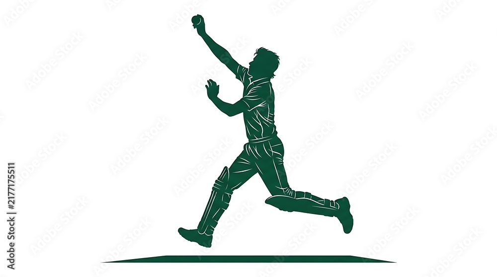 Naklejka premium Green silhouette of a cricket bowler in action, professional athlete throwing the ball.