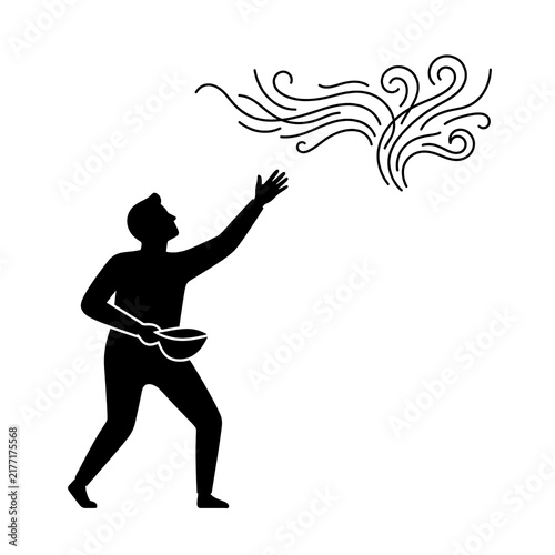 Silhouette of a Farmer Sowing Seeds with Swirling Wind and Growth Swirls, Agriculture Concept Vector Isolated on White Background
