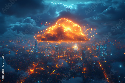 Futuristic Glowing Fiery Cloud Icon Floating Over City Skyline Night Cloud Computing Technology Concept