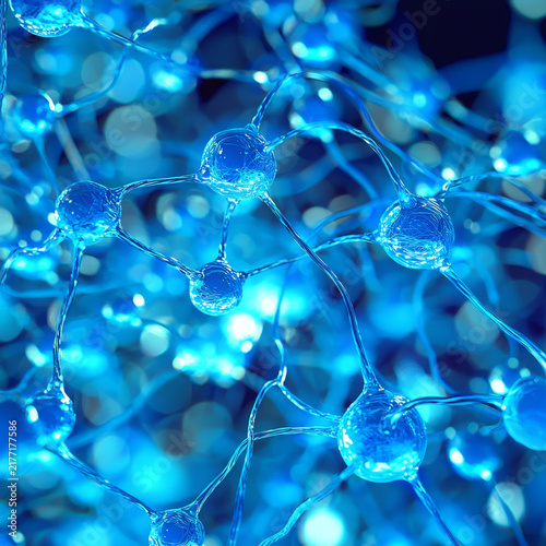 Glowing blue liquid spheres interconnected by fine translucent lines, forming an intricate abstract network with bokeh light