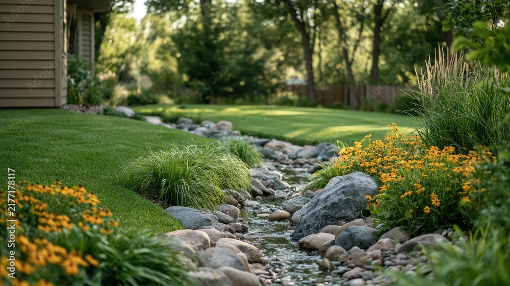 Obraz premium A serene stone-lined creek flows through a lush green backyard garden with bright yellow flowers under soft daylight. Peaceful landscape design for eco-friendly home improvement and nature themes.