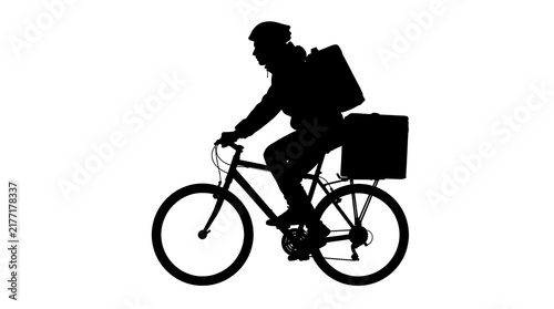 Silhouette of a food delivery courier riding a bicycle with a thermal backpack on white