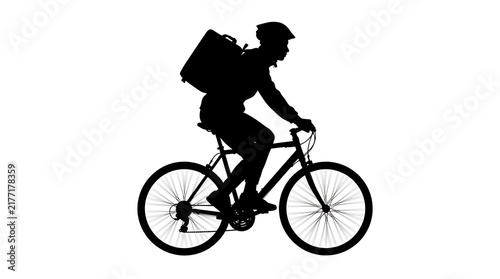 Silhouette of a bicycle delivery courier riding a bike with a backpack on white background