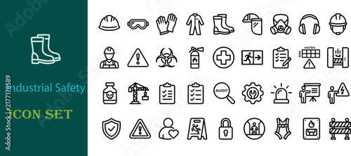 Industrial safety icons in a white outline vector silhouette style against a clean background