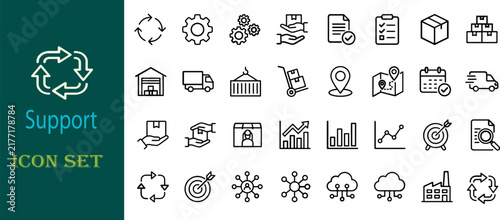 Logistics icons in a row with support text against a dark green background vector silhouette