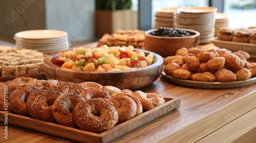 Fresh bagels, sliced fruit, and pastries displayed on a hotel breakfast buffet. Ideal for hospitality, catering, and healthy morning meal concepts.