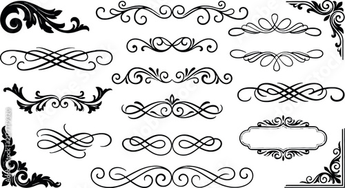 Ornate flourishes and corner accents in a classic vector silhouette for elegant design