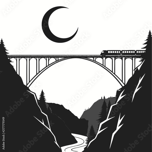 Картината върху платно Passenger train crossing a large viaduct bridge between mountain cliffs under mo