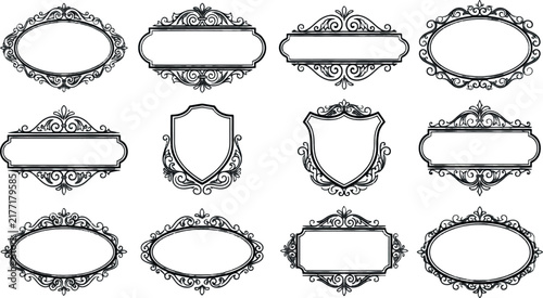 Ornate Vector Frames Collection in Black Silhouette with Decorative Flourishes for Elegant Design