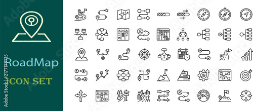 Roadmap icons in silhouette style for planning and strategy with a clean white background