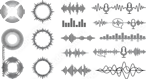 Sound wave and audio equalizer patterns in vector silhouette for digital media and broadcast concepts
