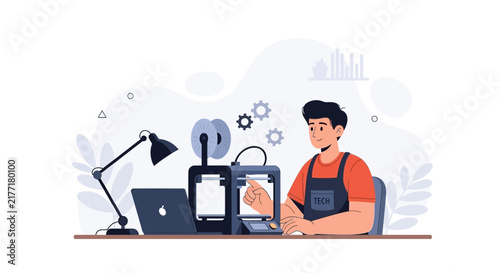 Man Operating 3D Printer with Laptop and Desk Lamp in Modern Workshop Illustration