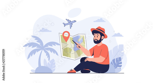 Man Planning Trip with Map and Airplane, Illustrating Travel and Adventure