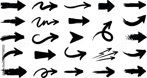 Various Arrow Styles in Black Silhouette on White Background for Directional Graphics